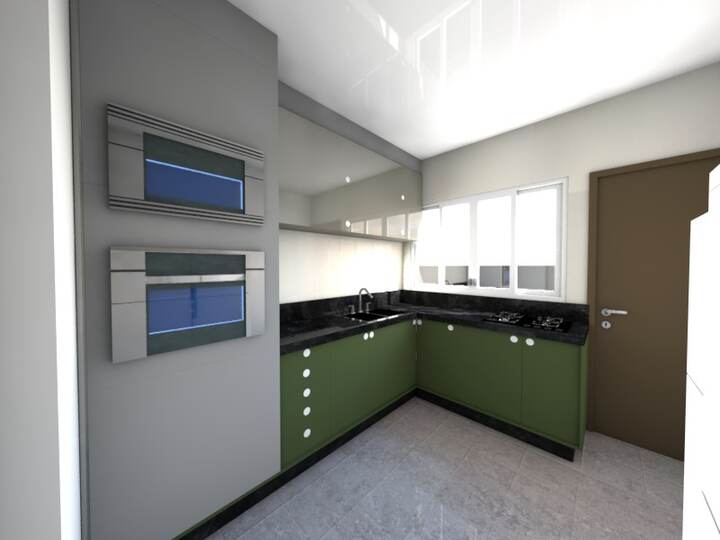 Vista da cozinha remodelada com armários verdes e bancada preta em L